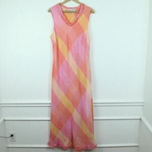 Vintage 90s Linen Maxi Dress‎ Pastel Pink Plaid Country Club Preppy Bias 16 FLAW